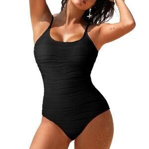 Pink Queen‎ Black One Piece Swimsuit Textured Tummy Control Size L Bathing Suit